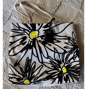Reed Krakoff Natural Canvas Tote Black and Yellow Abstract Daisies Shoulder